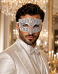 White Diamond Laser Cut Venetian Mask for Men with Clear Stones