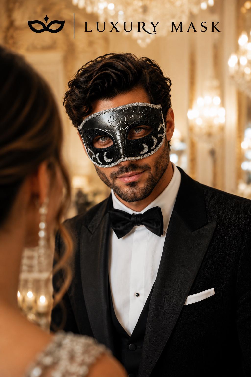 Black & Silver Glitter Venetian Mask for Men