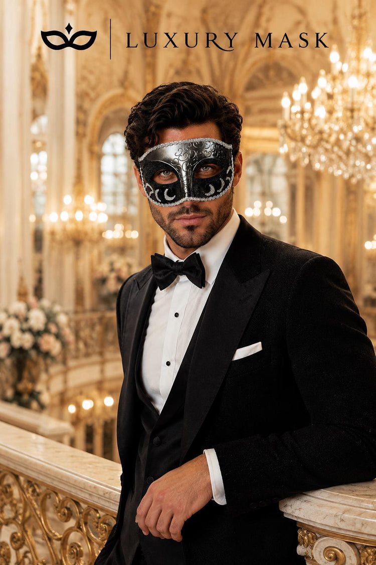 Black & Silver Glitter Venetian Mask for Men