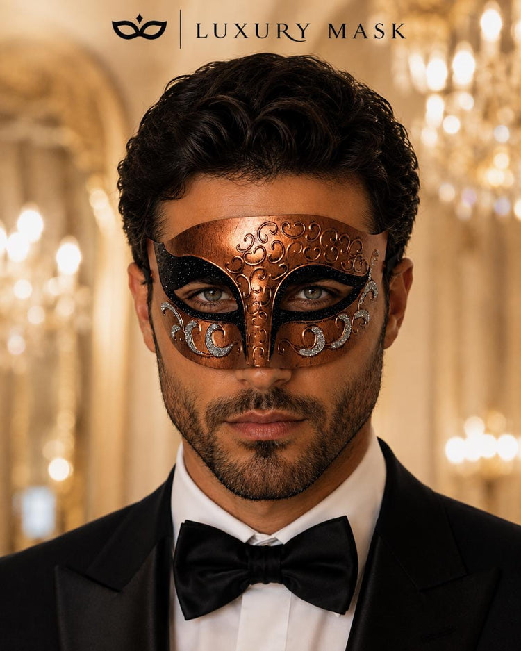 Antique Copper & Black Venetian Mask for Men with Silver Glitter