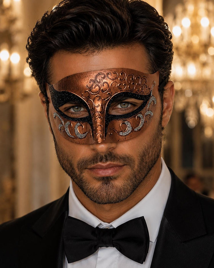Antique Copper & Black Venetian Mask for Men with Silver Glitter