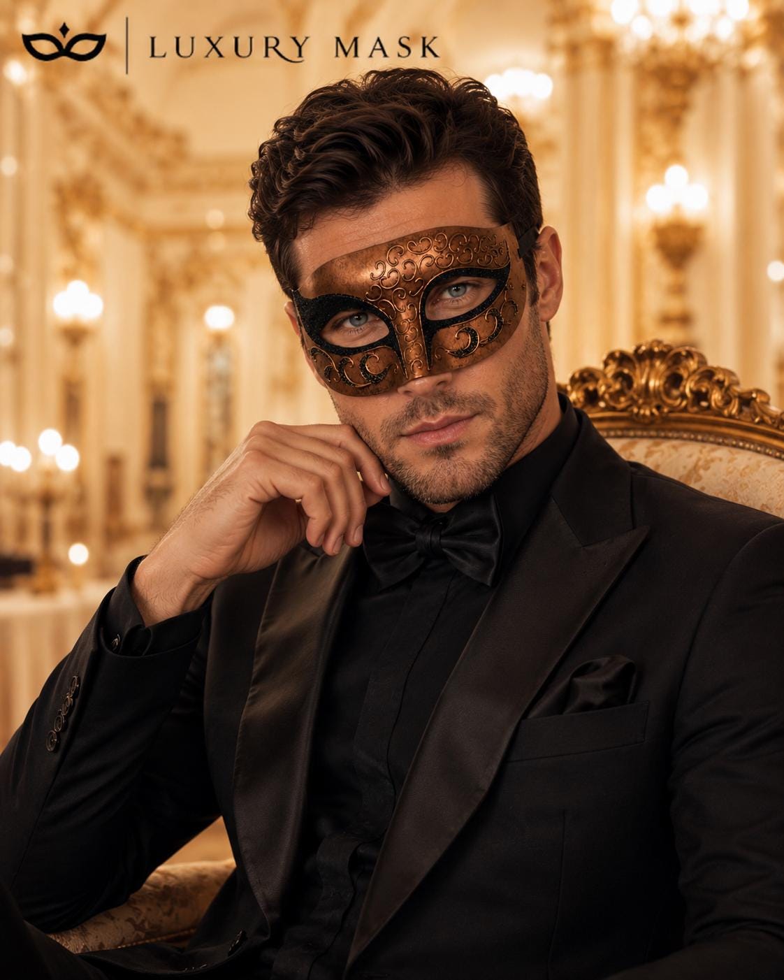 Antique Copper & Black Venetian Mask for Men with Gold Glitter