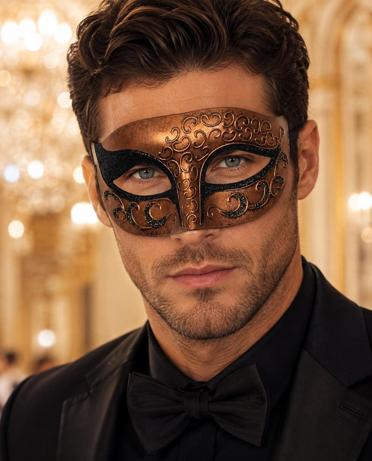 Antique Copper & Black Venetian Mask for Men with Gold Glitter