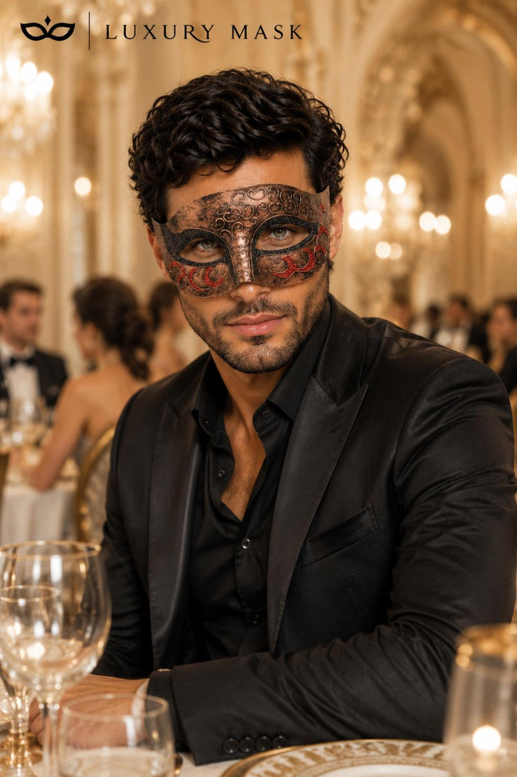 Antique Copper & Black Venetian Mask for Men with Red Glitter