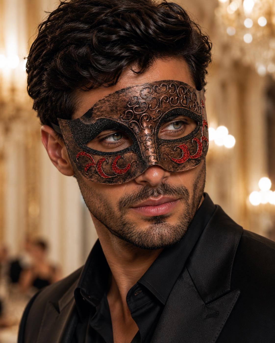 Antique Copper & Black Venetian Mask for Men with Red Glitter