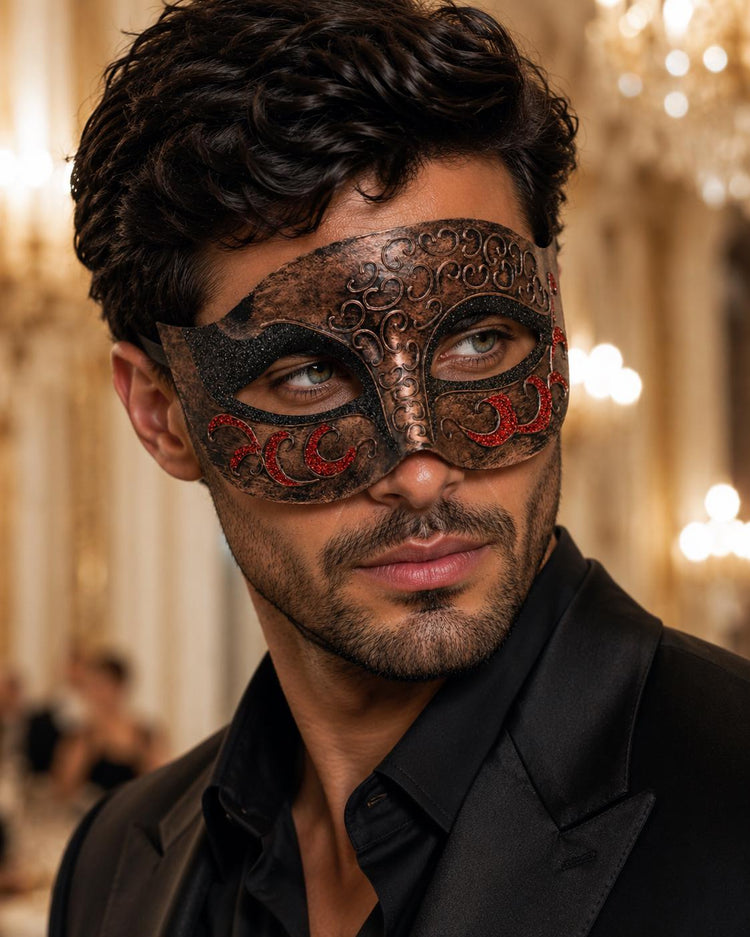 Antique Copper & Black Venetian Mask for Men with Red Glitter