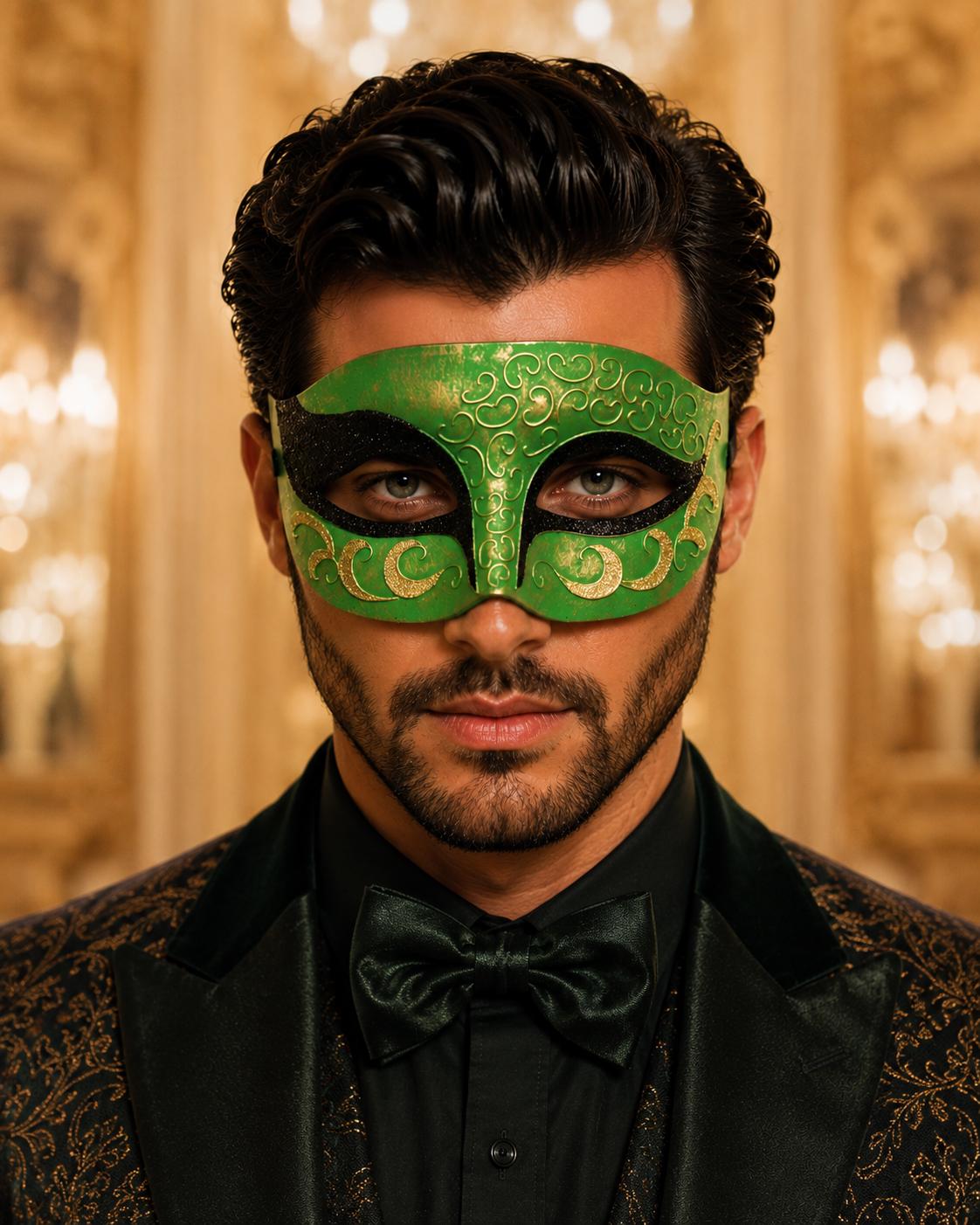 Antique Green & Black Venetian Mask for Men with Gold Glitter