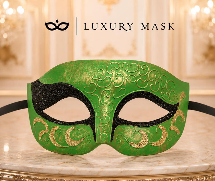 Antique Green & Black Venetian Mask for Men with Gold Glitter