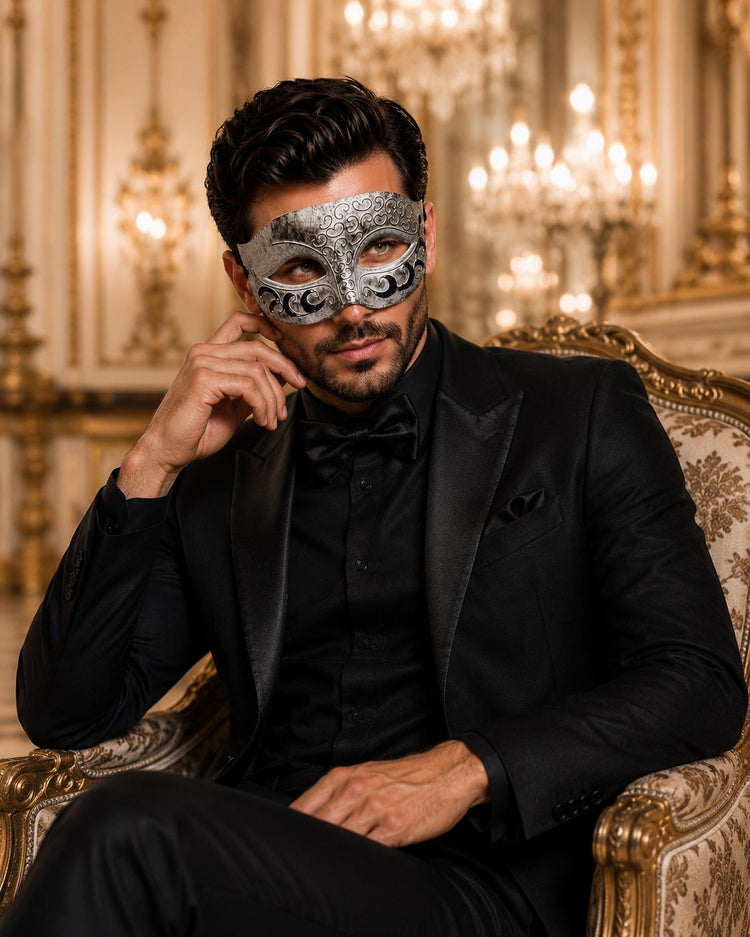 Antique White & Black Venetian Masquerade Mask for Men