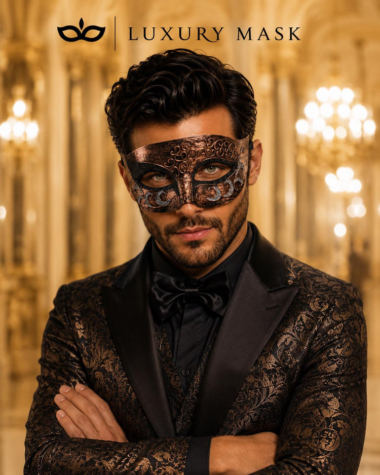 Copper Black Venetian Eye Mask with Silver Glitter