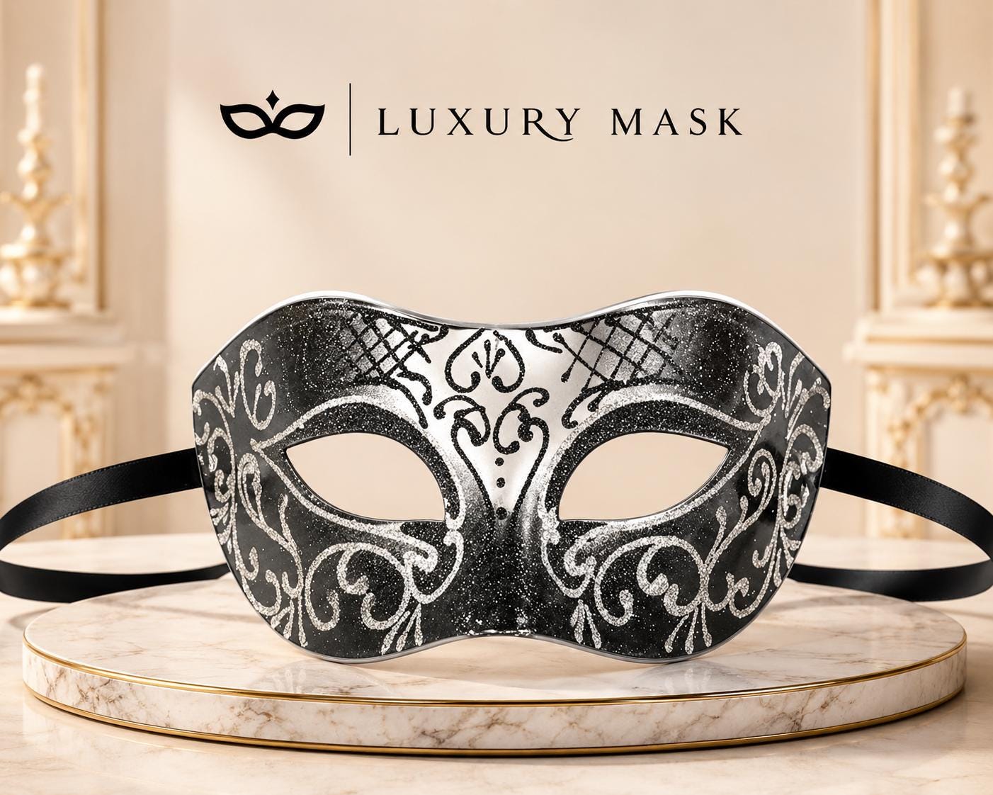 Black Venetian Mask for Men – Silver Glitter Design