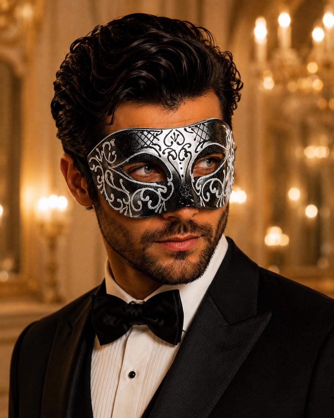 Black Venetian Mask for Men – Silver Glitter Design