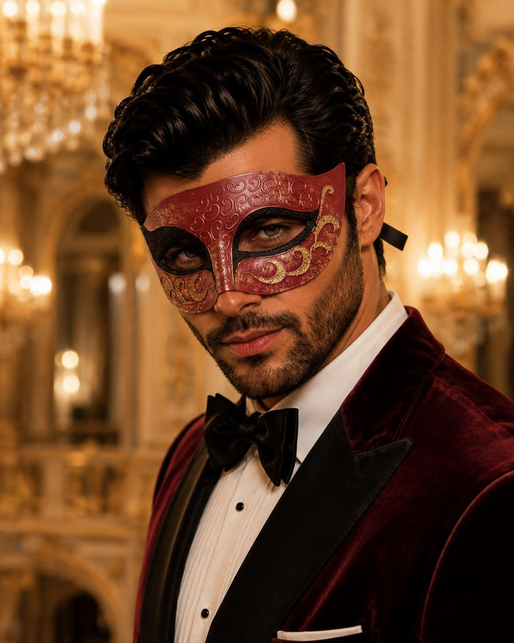 Red Masquerade Mask for Men - Black and Gold Glitter Venetian Eye Mask - Image 2
