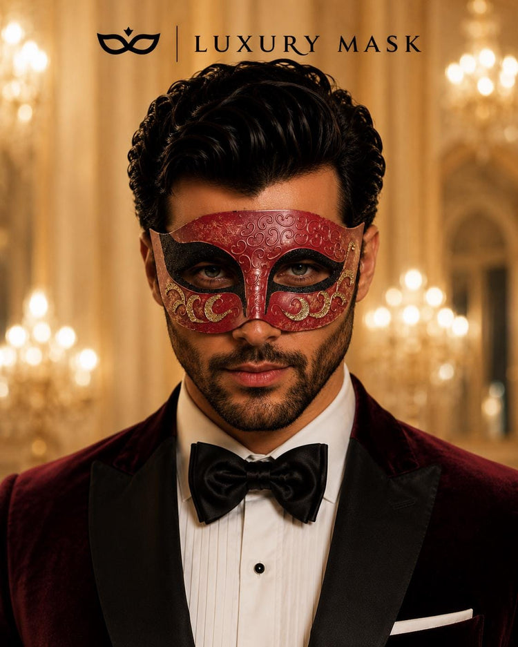 Red Masquerade Mask for Men - Black and Gold Glitter Venetian Eye Mask - Image 3
