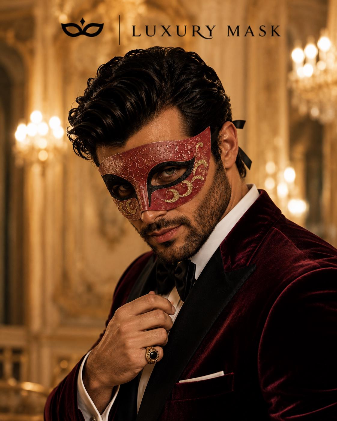 Red Masquerade Mask for Men - Black and Gold Glitter Venetian Eye Mask - Image 4