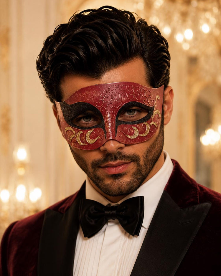 Red Masquerade Mask for Men - Black and Gold Glitter Venetian Eye Mask