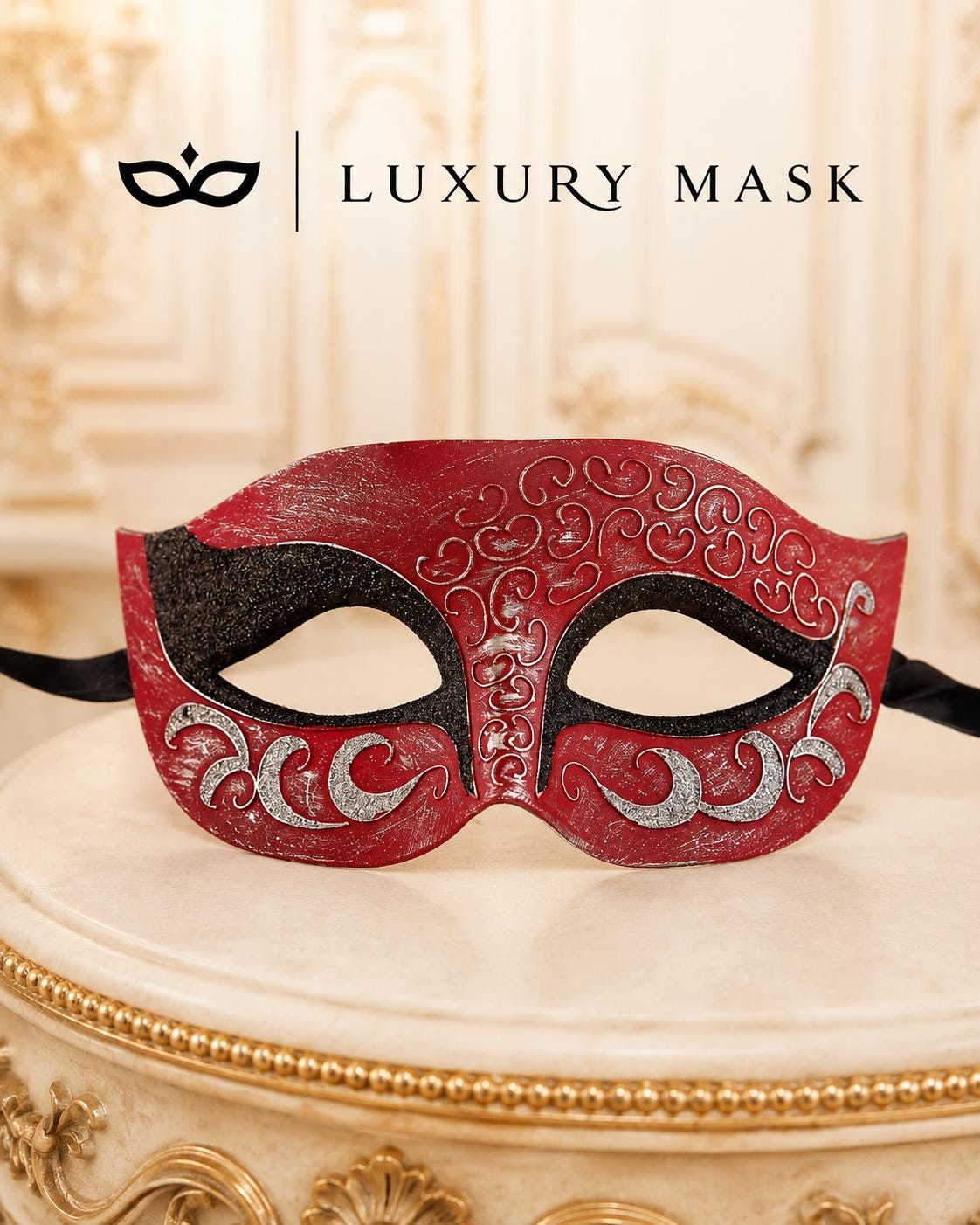 Red Masquerade Mask for Men - Black and Silver Glitter Venetian Eye Mask - Image 5