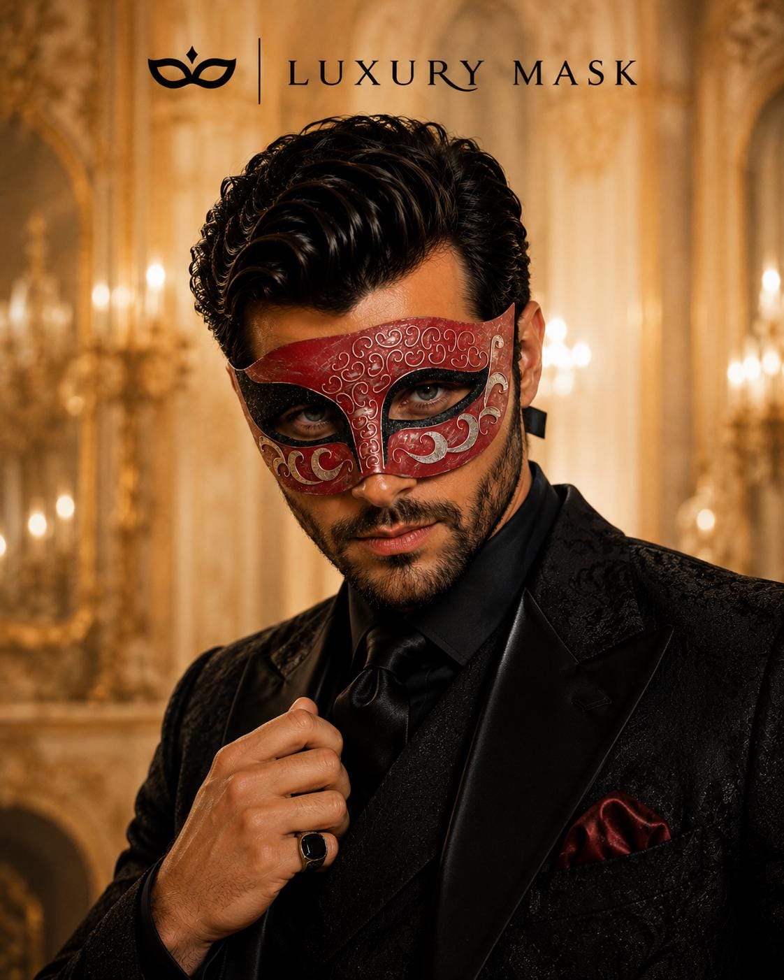 Red Masquerade Mask for Men - Black and Silver Glitter Venetian Eye Mask - Image 4