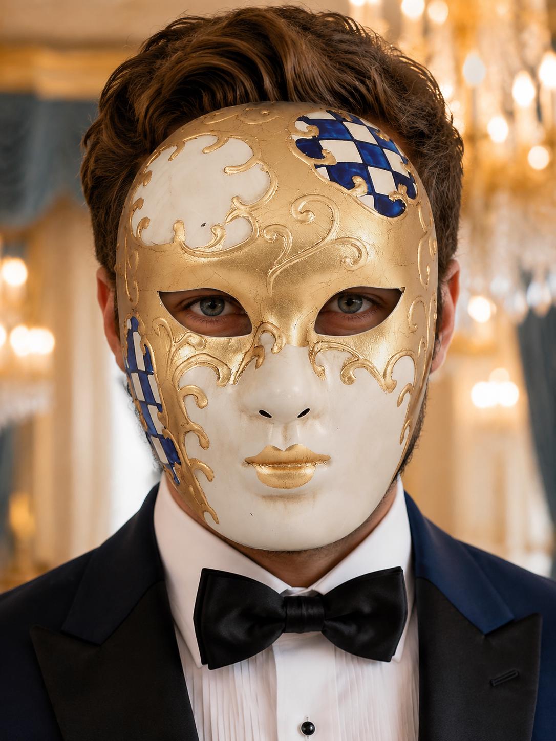 Blue Checkered Full-Face Masquerade Mask - Gold and White - view 3