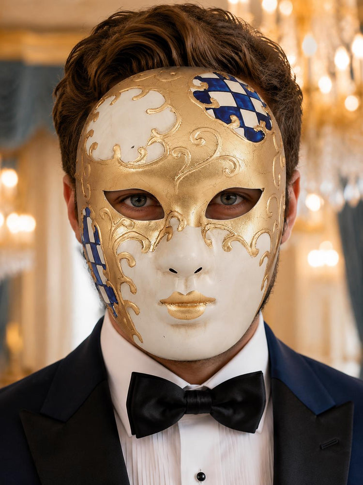 Blue Checkered Full-Face Masquerade Mask - Gold and White - view 3