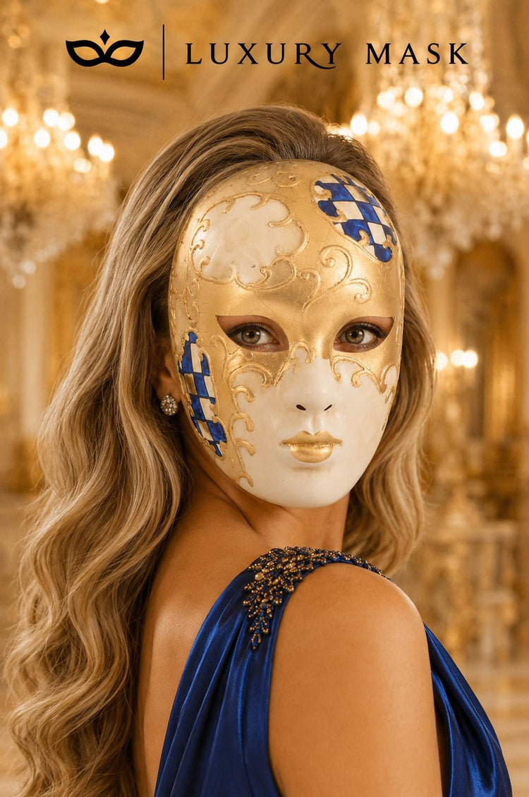 Blue Checkered Full-Face Masquerade Mask - Gold and White - view 4