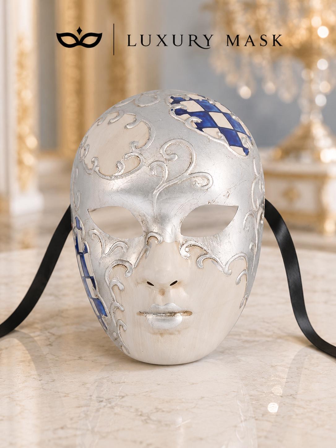 Blue Checkered Full-Face Masquerade Mask - Silver and White - view 8