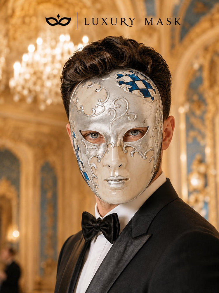 Blue Checkered Full-Face Masquerade Mask - Silver and White - view 5