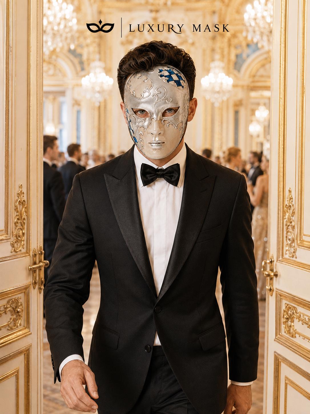 Blue Checkered Full-Face Masquerade Mask - Silver and White - view 7