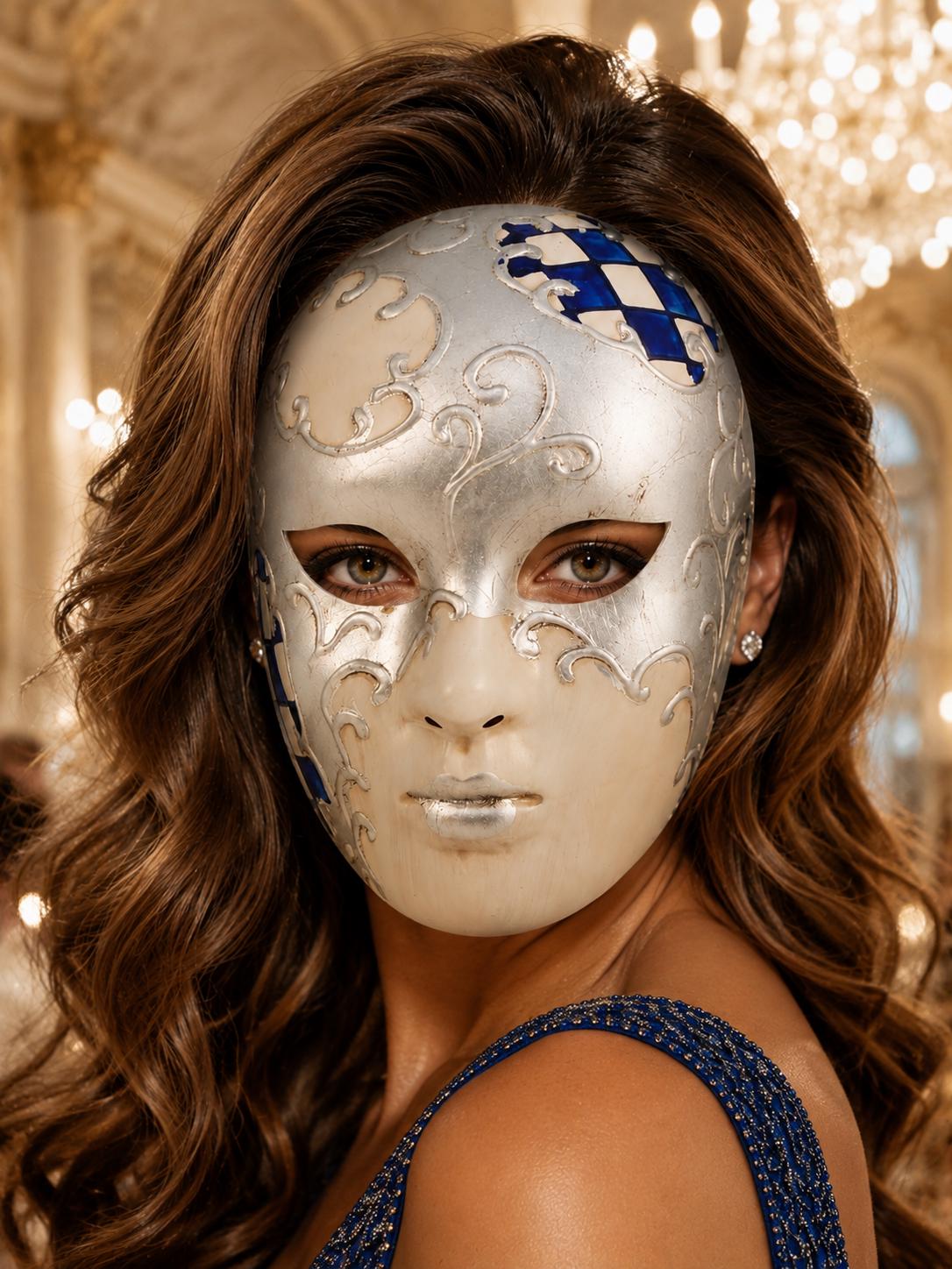 Blue Checkered Full-Face Masquerade Mask - Silver and White - view 4