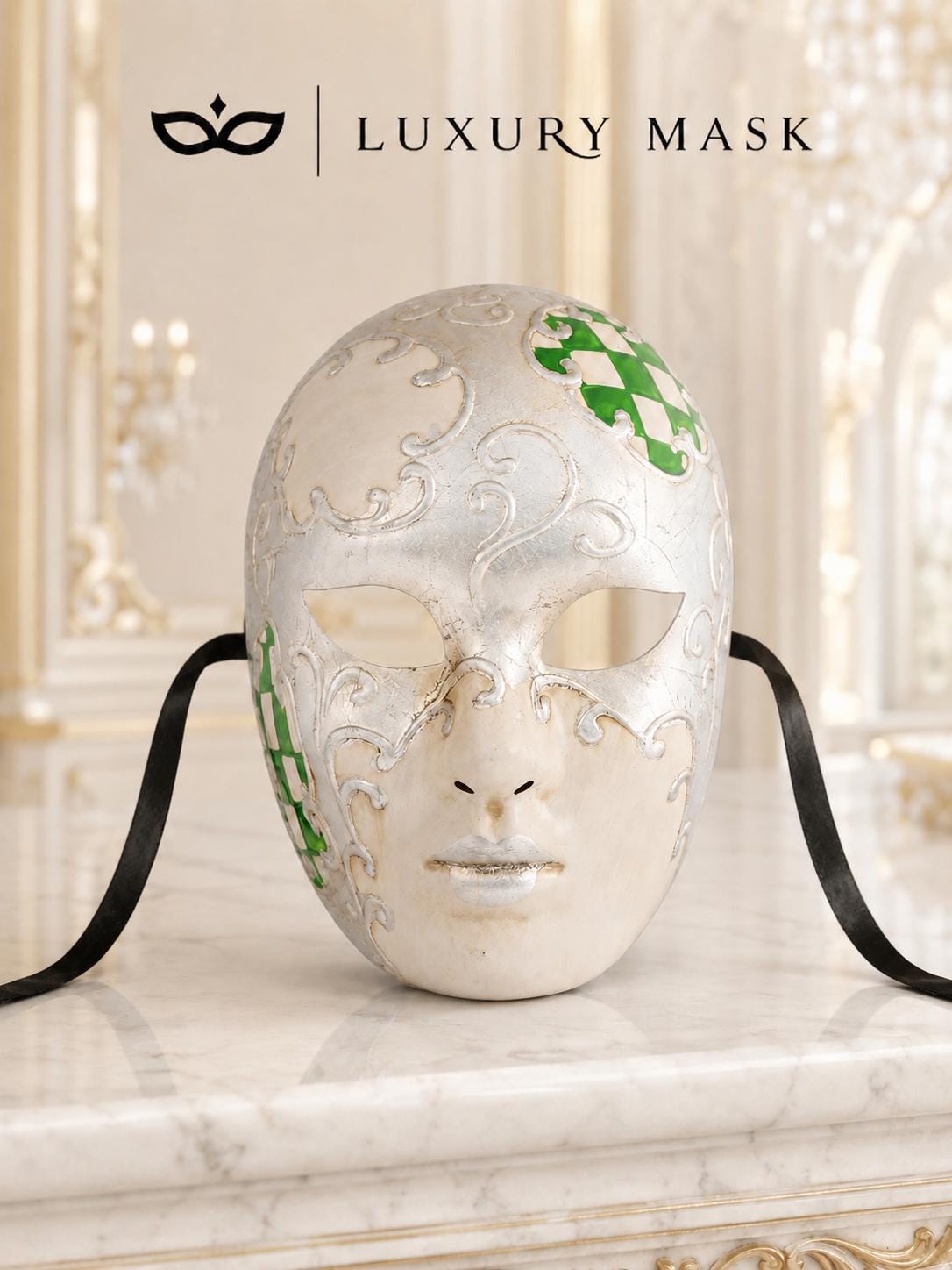 Green Checkered Full-Face Masquerade Mask - Silver and White - view 8