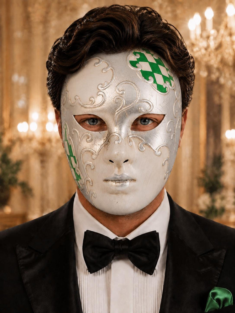 Green Checkered Full-Face Masquerade Mask - Silver and White - view 3