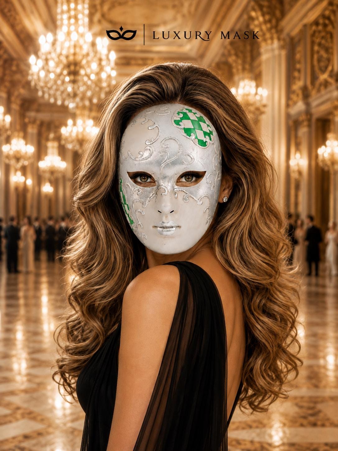 Green Checkered Full-Face Masquerade Mask - Silver and White - view 4