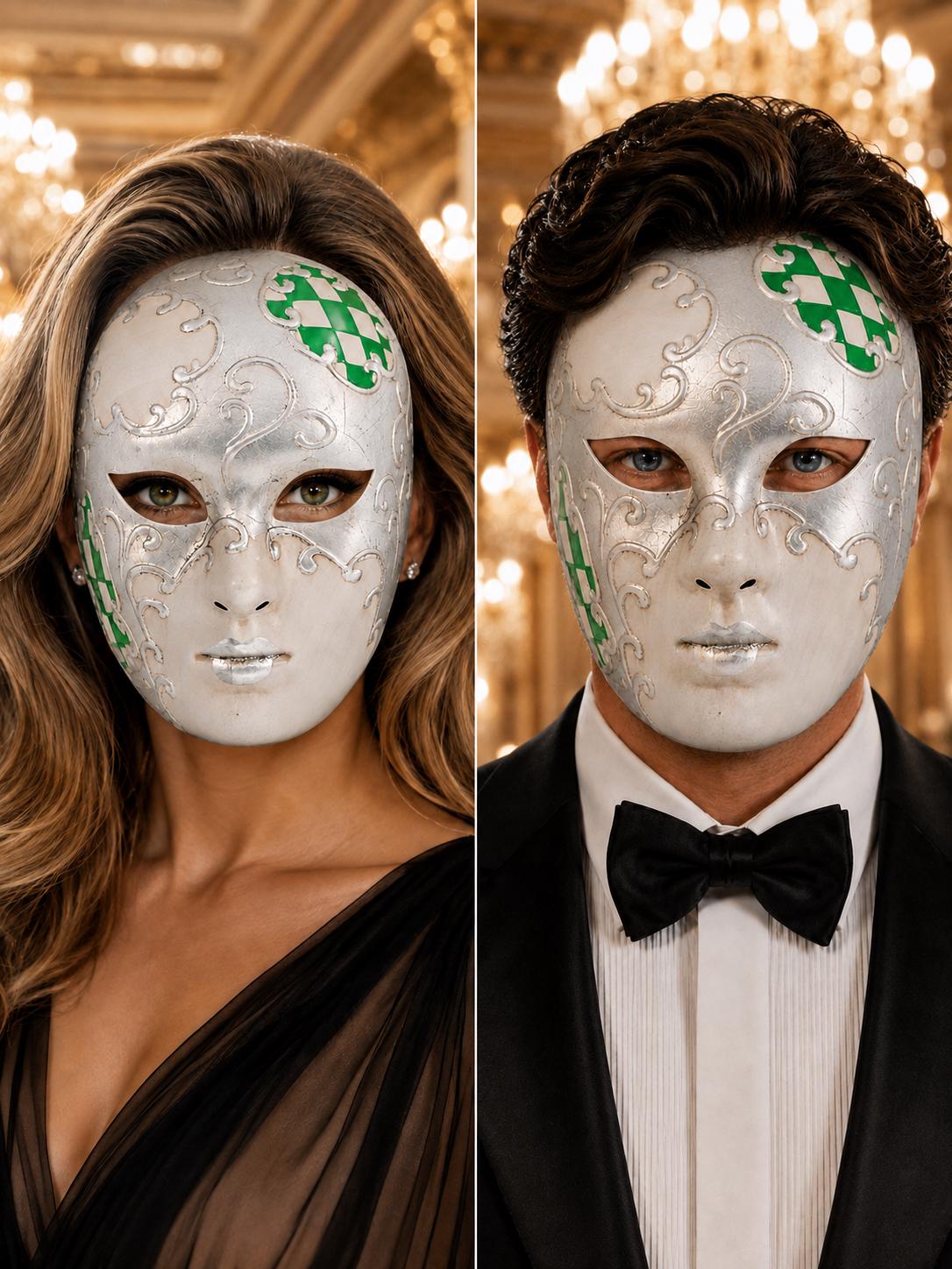 Green Checkered Full-Face Masquerade Mask - Silver and White - front view
