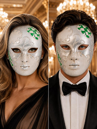 Green Checkered Full-Face Masquerade Mask - Silver and White - front view