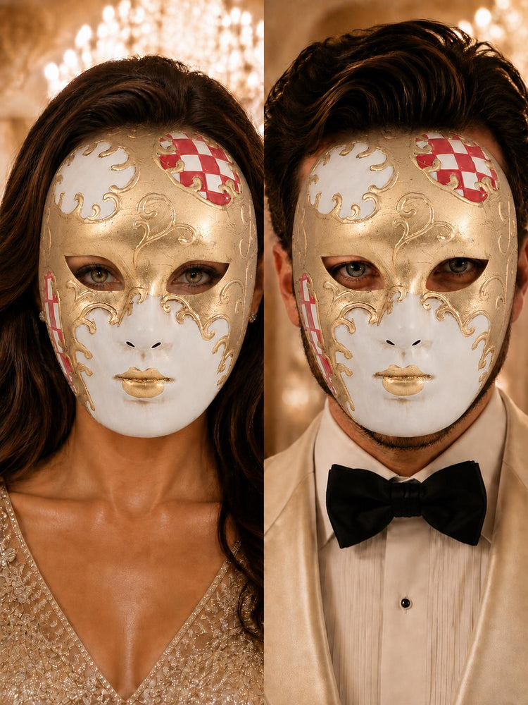 Red Checkered Full-Face Masquerade Mask - Gold and White - front view