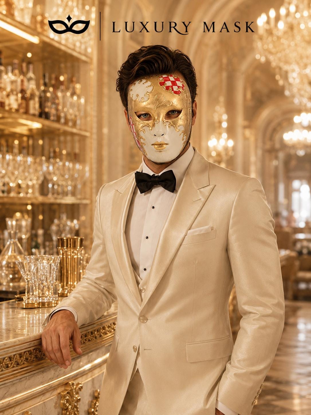 Red Checkered Full-Face Masquerade Mask - Gold and White - view 8
