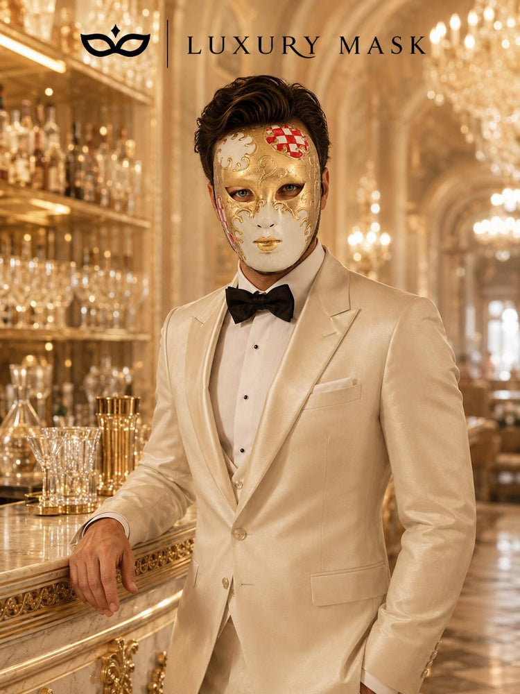 Red Checkered Full-Face Masquerade Mask - Gold and White - view 8
