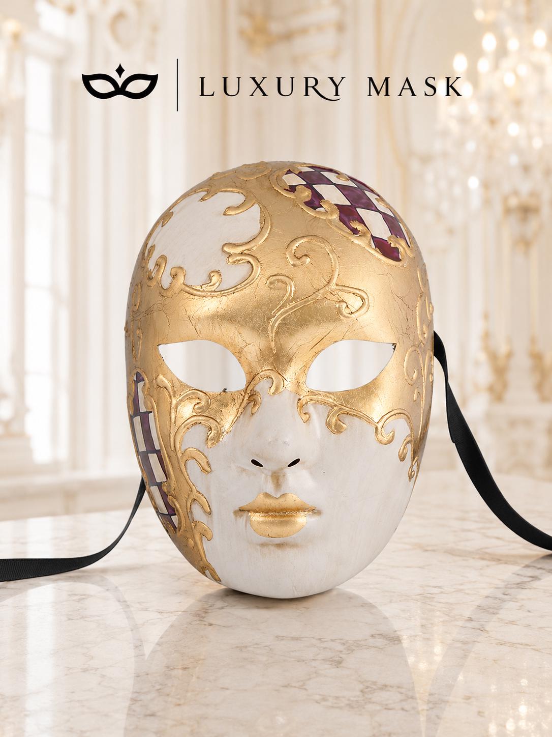 Purple Checkered Full-Face Masquerade Mask - Gold and White - view 8
