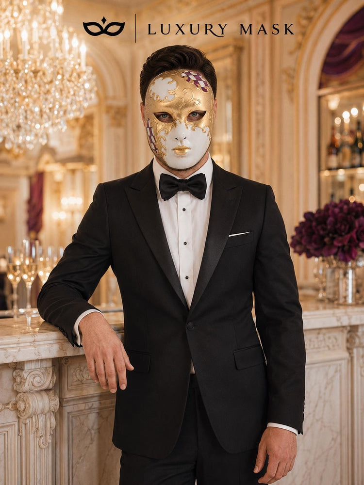 Purple Checkered Full-Face Masquerade Mask - Gold and White - view 7