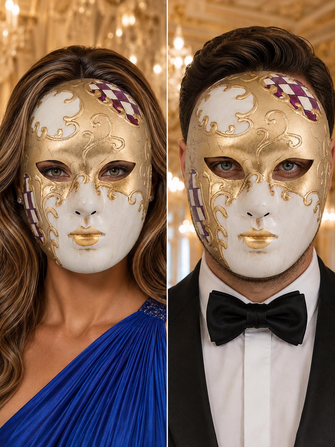 Purple Checkered Full-Face Masquerade Mask - Gold and White - front view