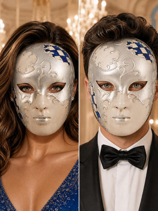 Blue Checkered Full-Face Masquerade Mask - Silver and White - front view