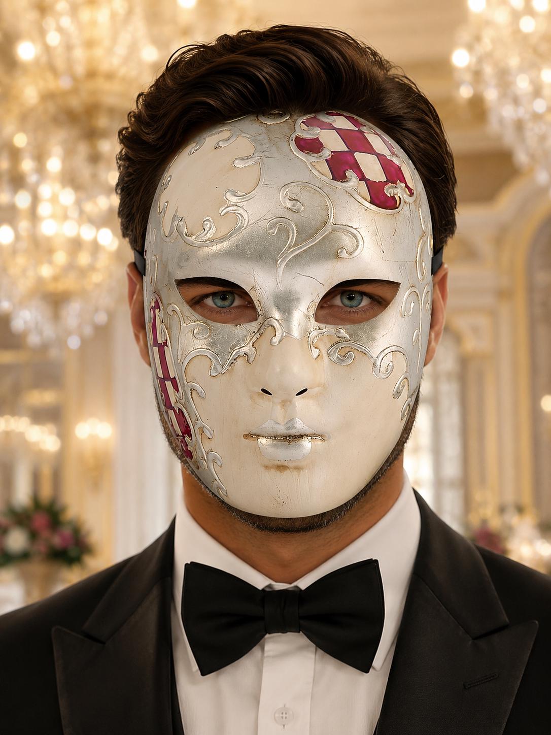 Purple Checkered Full-Face Masquerade Mask - Silver and White - view 3