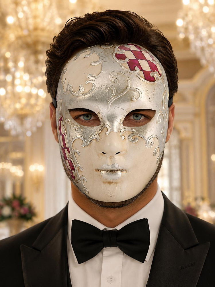 Purple Checkered Full-Face Masquerade Mask - Silver and White - view 3