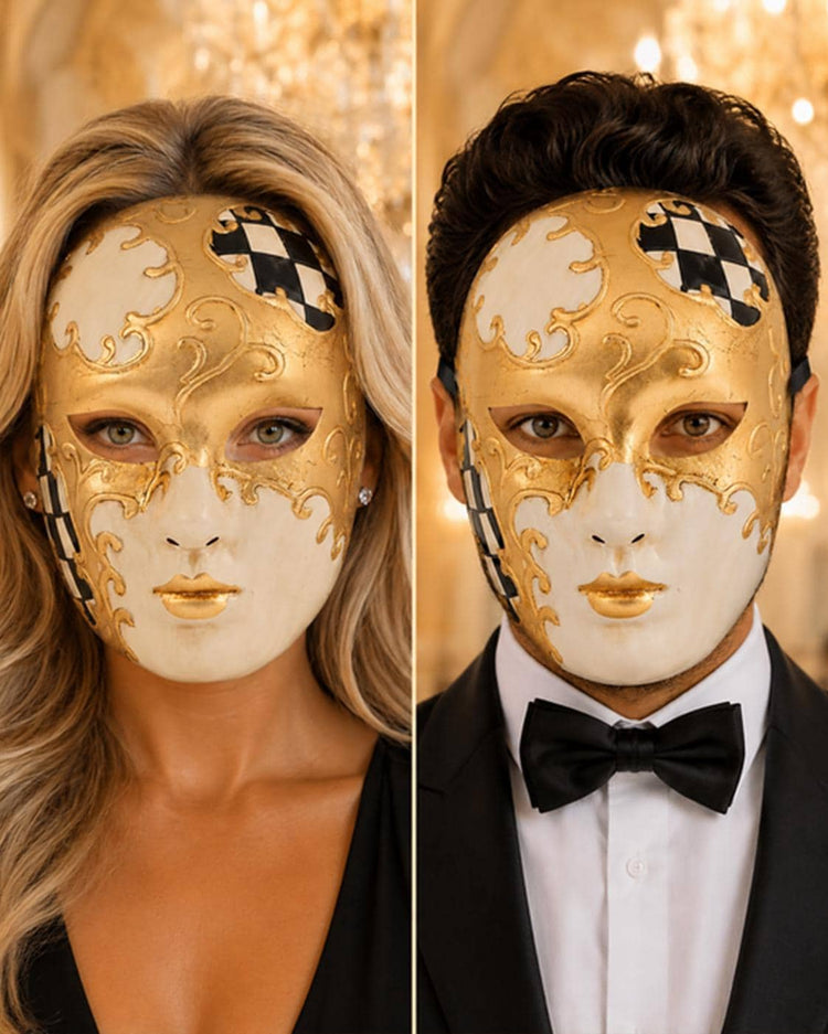 Black Checkered Full-Face Masquerade Mask - Gold and White - front view