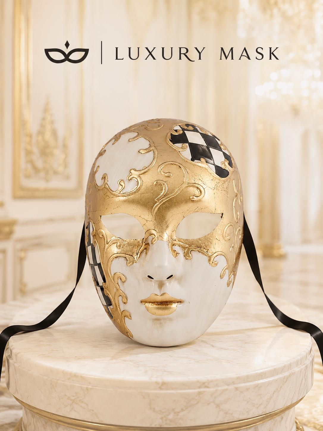 Black Checkered Full-Face Masquerade Mask - Gold and White - view 8
