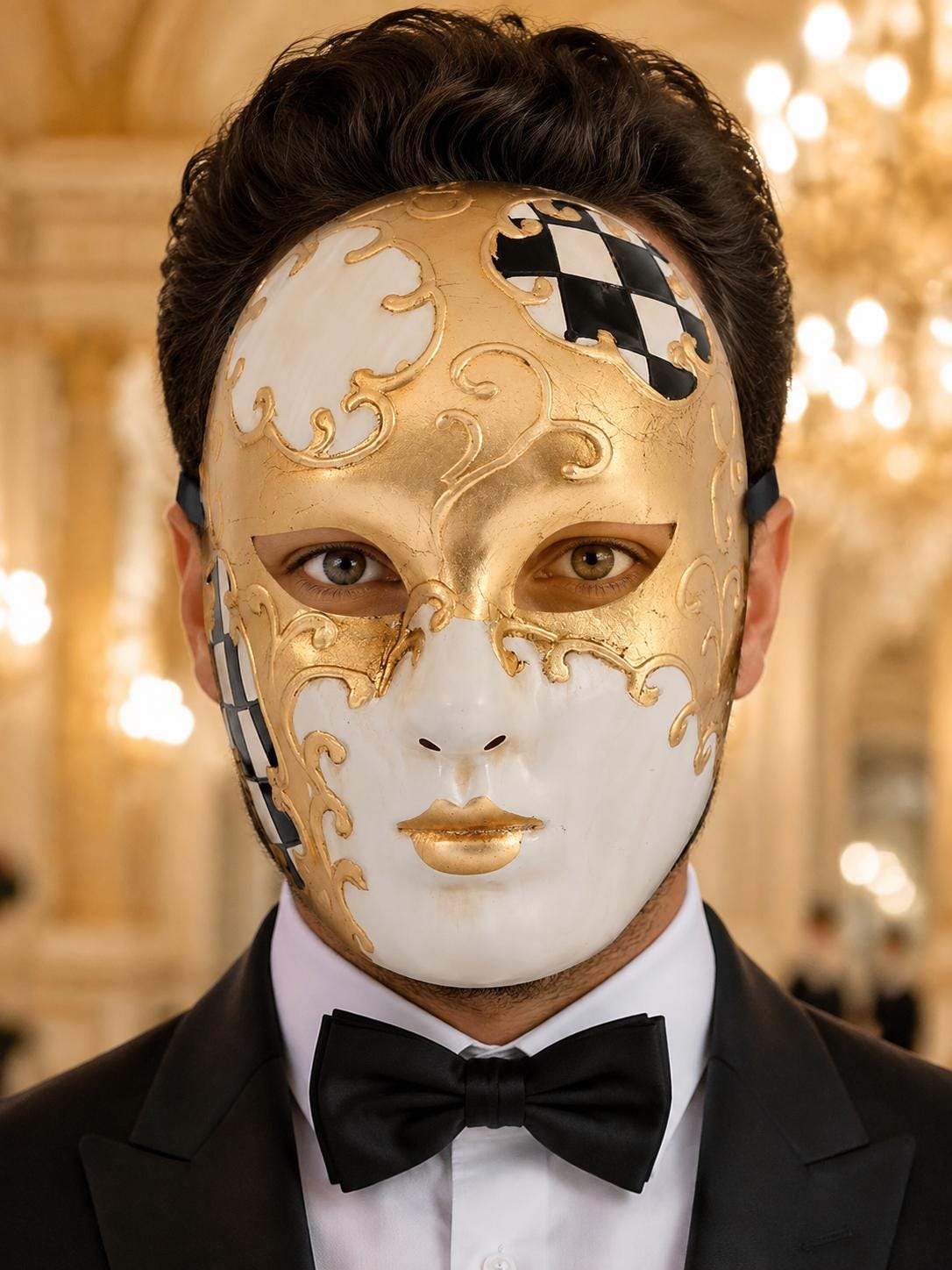 Black Checkered Full-Face Masquerade Mask - Gold and White - view 3