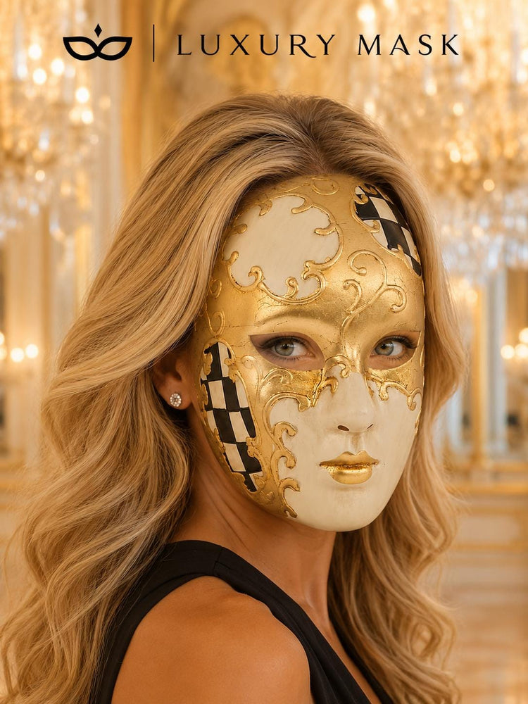 Black Checkered Full-Face Masquerade Mask - Gold and White - view 4