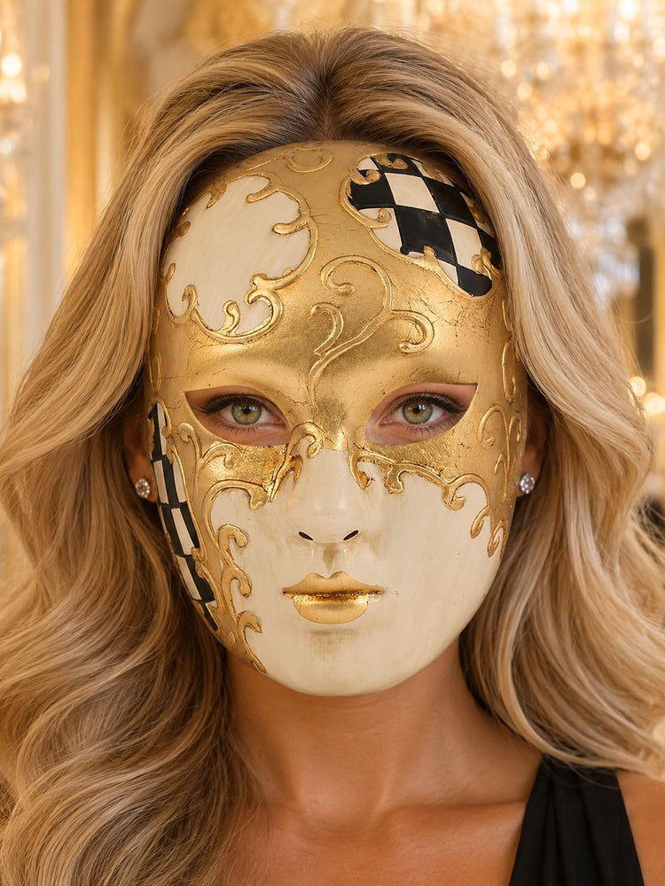Black Checkered Full-Face Masquerade Mask - Gold and White - view 2