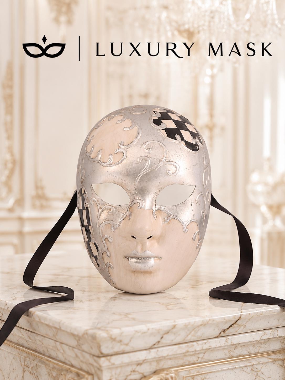 Black Checkered Full-Face Masquerade Mask - Silver and White - view 8