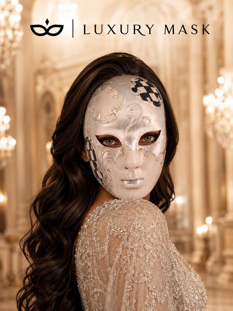 Black Checkered Full-Face Masquerade Mask - Silver and White - view 4